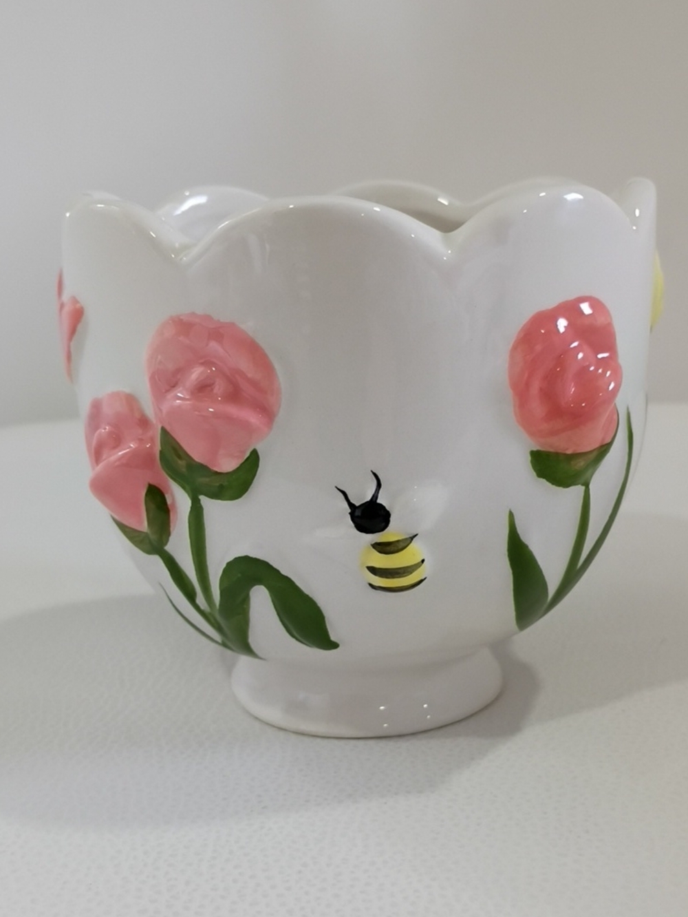 Two Wick Candle In Hand-Painted Floral Ceramic with Bee Accent - Pink & Green